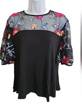 Kim & Cami Women’s M Blouse Floral Embroidered Sheer Mesh Top Cottagecore Boho